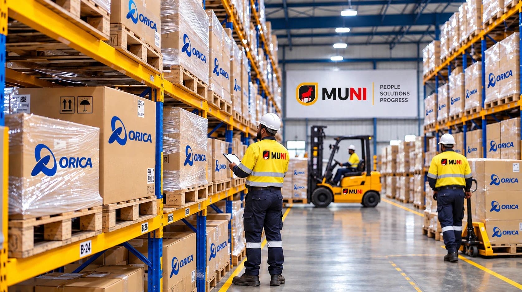 CJ MUNI warehouse team checking palletised Orica stock in racking with a CJ MUNI forklift working the aisle