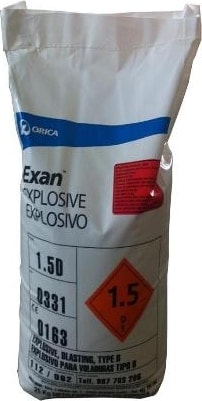 A white Orica bulk explosive bag labelled Exan Explosive, carrying UN 0331 blasting agent and 1.5D class markings
