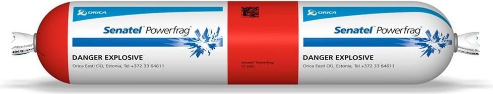 A wrapped Orica Senatel Powerfrag cartridge explosive marked Danger Explosive