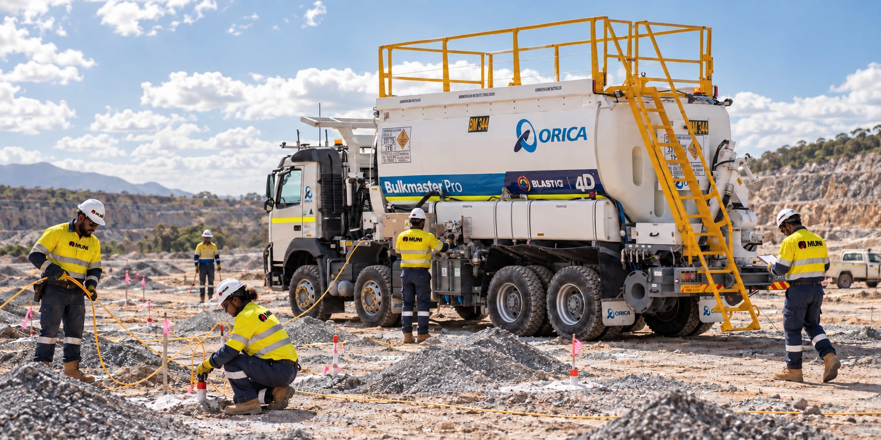 CJ MUNI crew charging a blast pattern beside an Orica Bulkmaster Pro truck on a Papua New Guinea mine