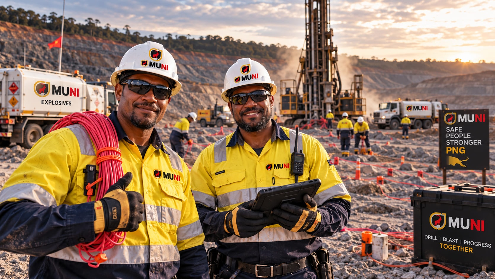 Two CJ MUNI crew in hi-vis at a charged blast pattern with a drill rig and explosives trucks behind them at sunset