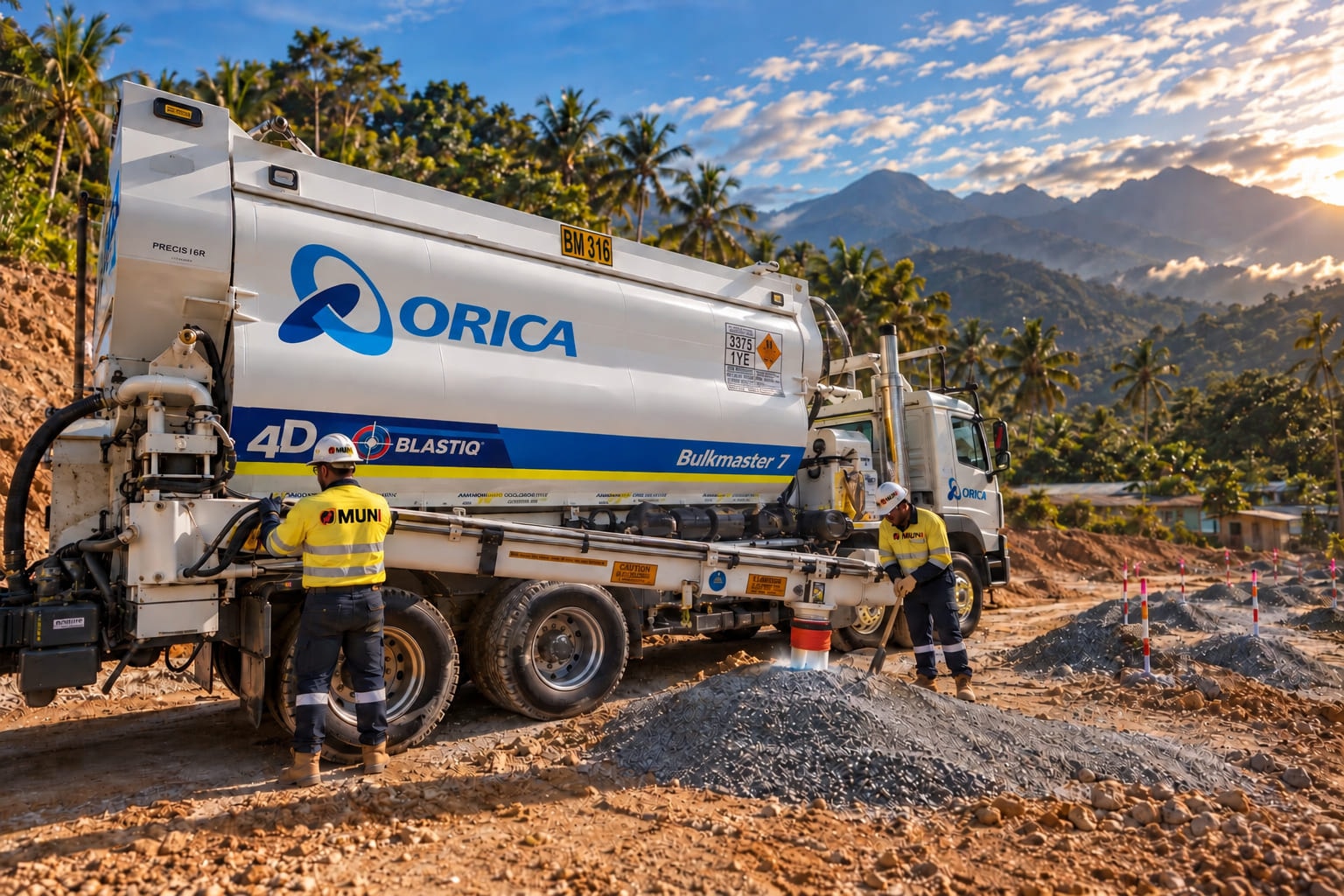 CJ MUNI crew charging a blast pattern beside an Orica Bulkmaster 7 delivery truck on a Papua New Guinea site at sunset