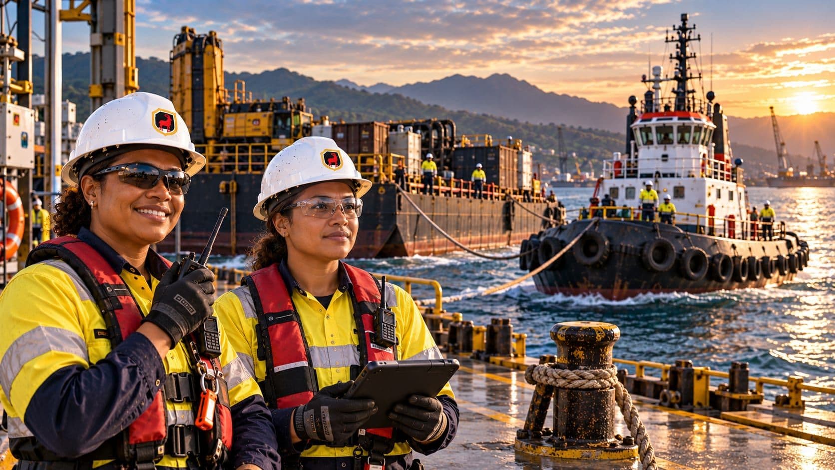 CJ MUNI marine crew on a wharf with a tug and loaded barge at a PNG port