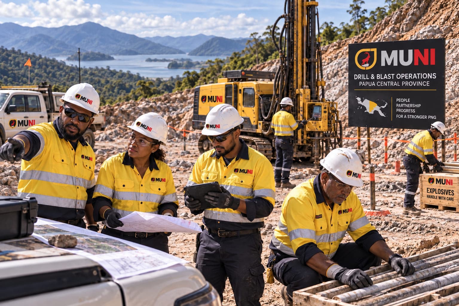 CJ MUNI drill and blast crew reviewing plans and core trays at a Central Province site, PNG