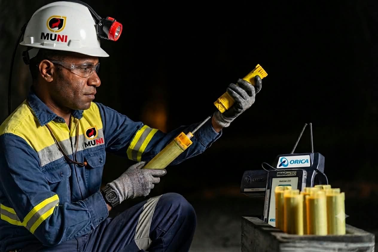 CJ MUNI technician in branded helmet and hi-vis priming a Pentex booster with an Orica WebGen 200 unit underground