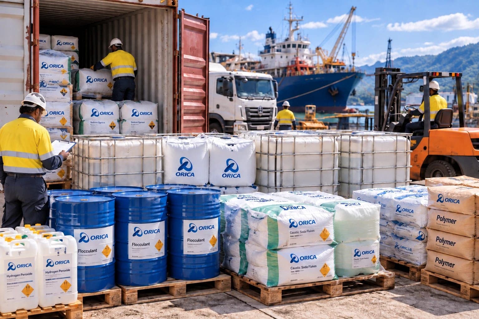CJ MUNI crew loading Orica reagent product — flocculant drums, caustic soda flakes, polymer and IBCs — into a container at the wharf with a ship alongside