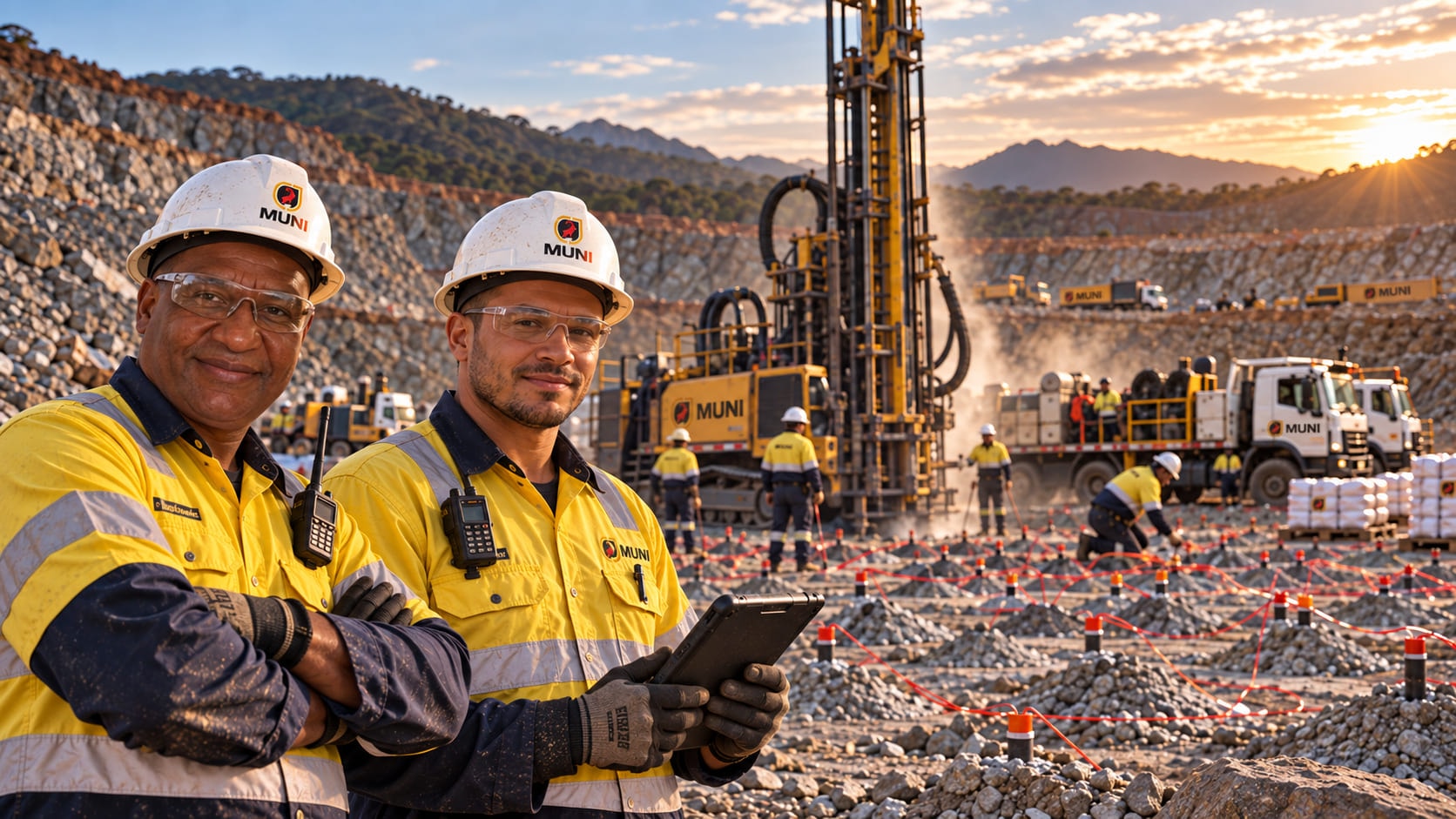 Two CJ MUNI crew at a charged quarry pattern with a drill rig, explosives trucks and quarry benches behind them at sunset