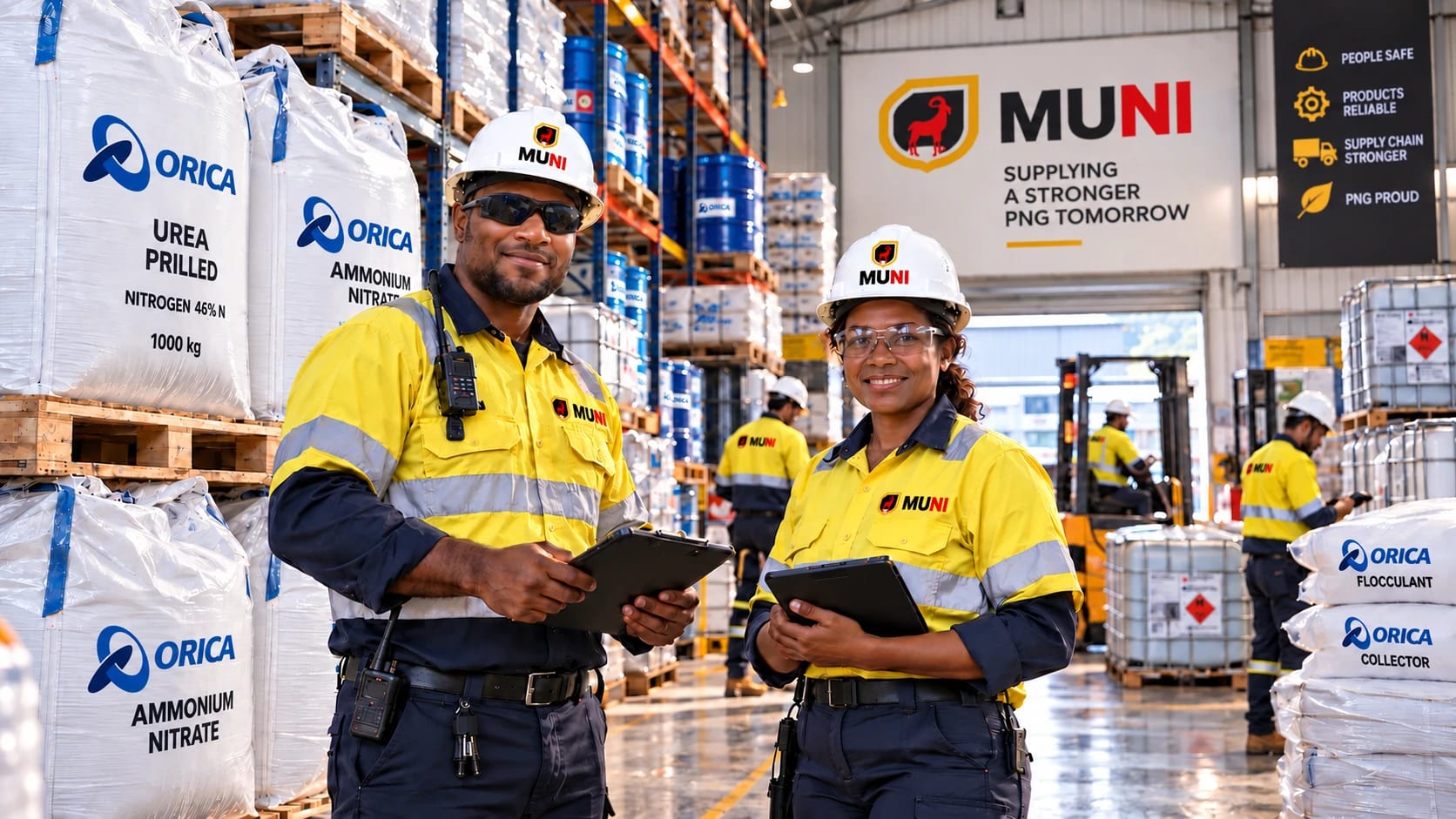 Two CJ MUNI staff with tablets in a warehouse stacked with Orica urea, ammonium nitrate, flocculant and collector product