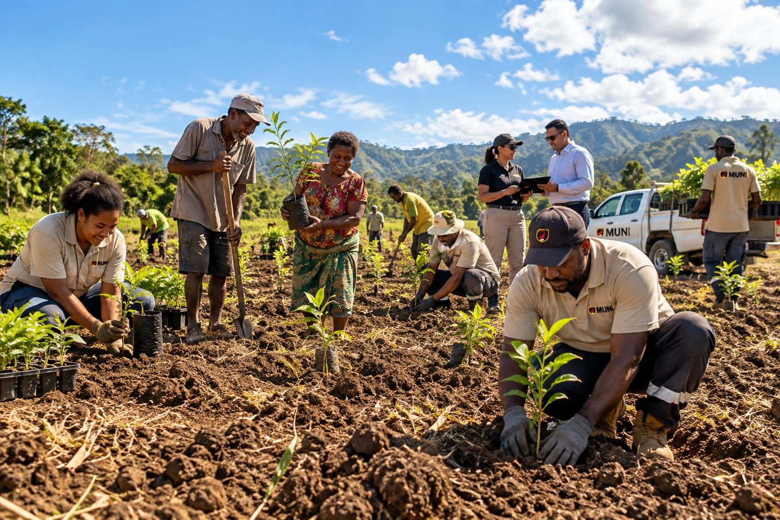 CJ MUNI team with plans beside a solar array and tree planting above a PNG coastline